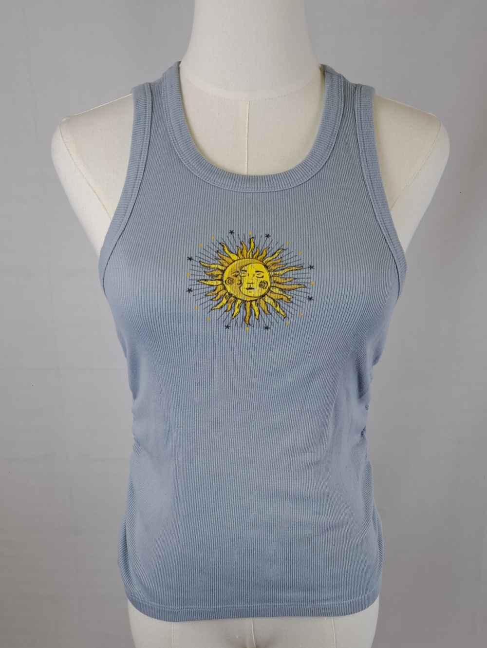 Rebellious One Light Blue Celestial Sun Graphic Ribbed Tank Side Ruching Y2K S